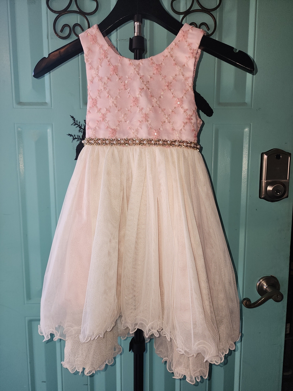Girls' Pink and Cream Sparkle Waist Party Dress